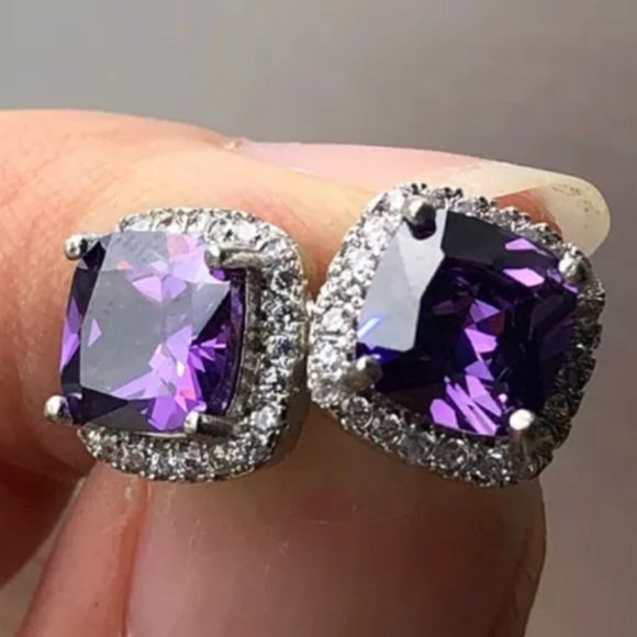 LiveChicStyle Jewelry - Purple Amethyst Diamond Halo Earrings Ear Ring